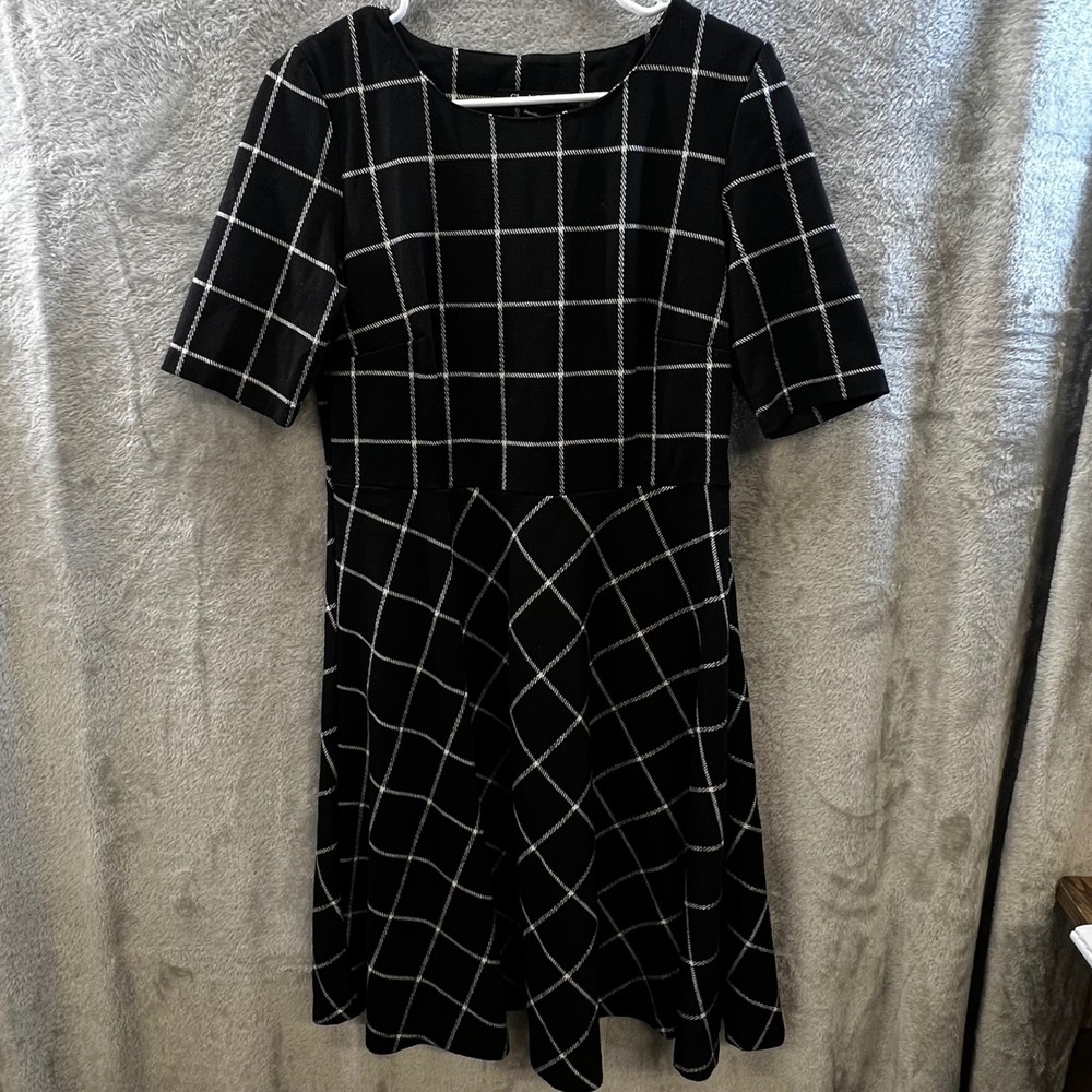 Chadwicks of Boston Black White Windowpane Plaid Fit Flare Dress 10 Academia Mod